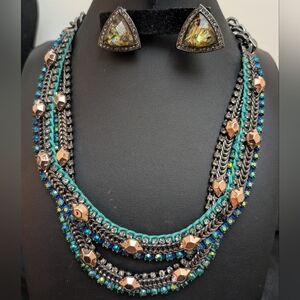 #24. Stella & Dot Rose Gold, Green & Blue & Hematite chain Mercury Necklace & Ea